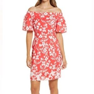NWT Eliza J Floral Off Shoulder Belted Dress In Pink Coral White Sz 14